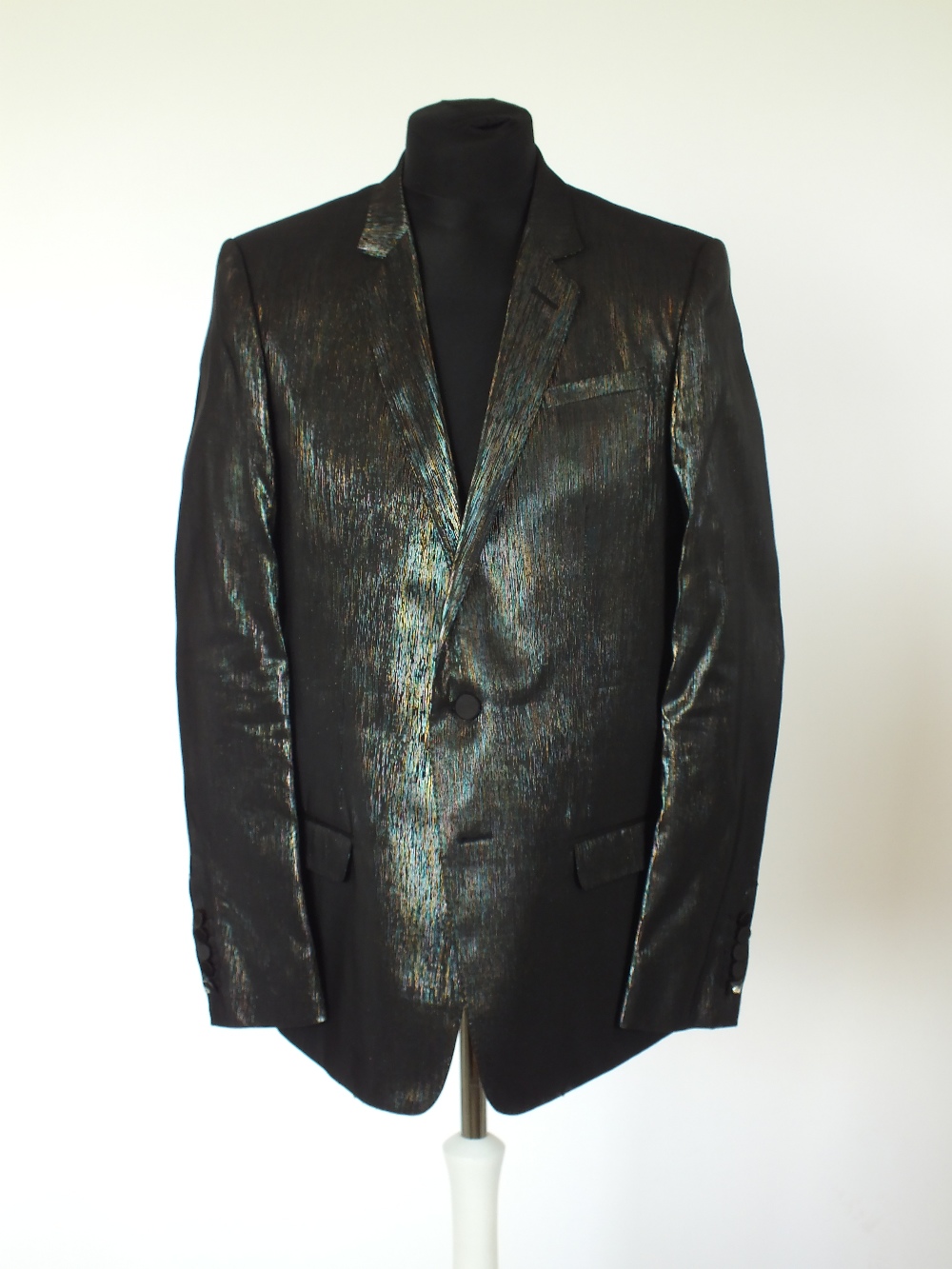 A Gucci jacket, dark grey with fine metallic vertical irregular stripe in copper, pink and teal,