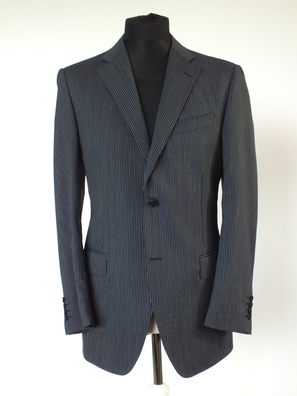 A Canali suit, navy pinstripe, single vent, Italian size 50R, 100% wool, flat front to trousers