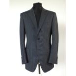 A Canali suit, navy pinstripe, single vent, Italian size 50R, 100% wool, flat front to trousers