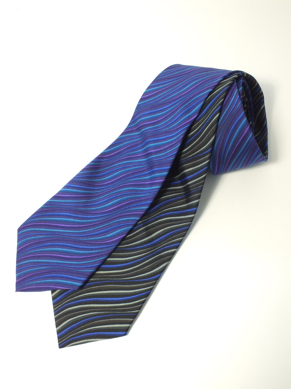 Two Gucci ties, wave pattern, black, grey and blue, blue and purple