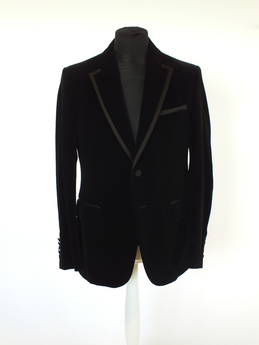 A Gucci dinner jacket, black, velvet, satin edging, lined, Italian size 52R, 78% cotton, 24% silk,