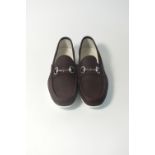 A pair of Gucci loafers, brown, nubuck, silver horse bit detail, UK 8.5