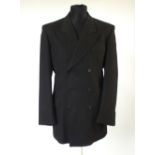 A Crombie suit, black pinstripe, UK size 40L, 90% wool, 10% cashmere, turn-up to trousers, single