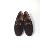 A pair of Gucci suede loafers, dark brown, brass horse bit detail, UK 9, slight signs of wear to