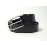 A Prada black leather belt with pointed end and a silver buckle, size 34