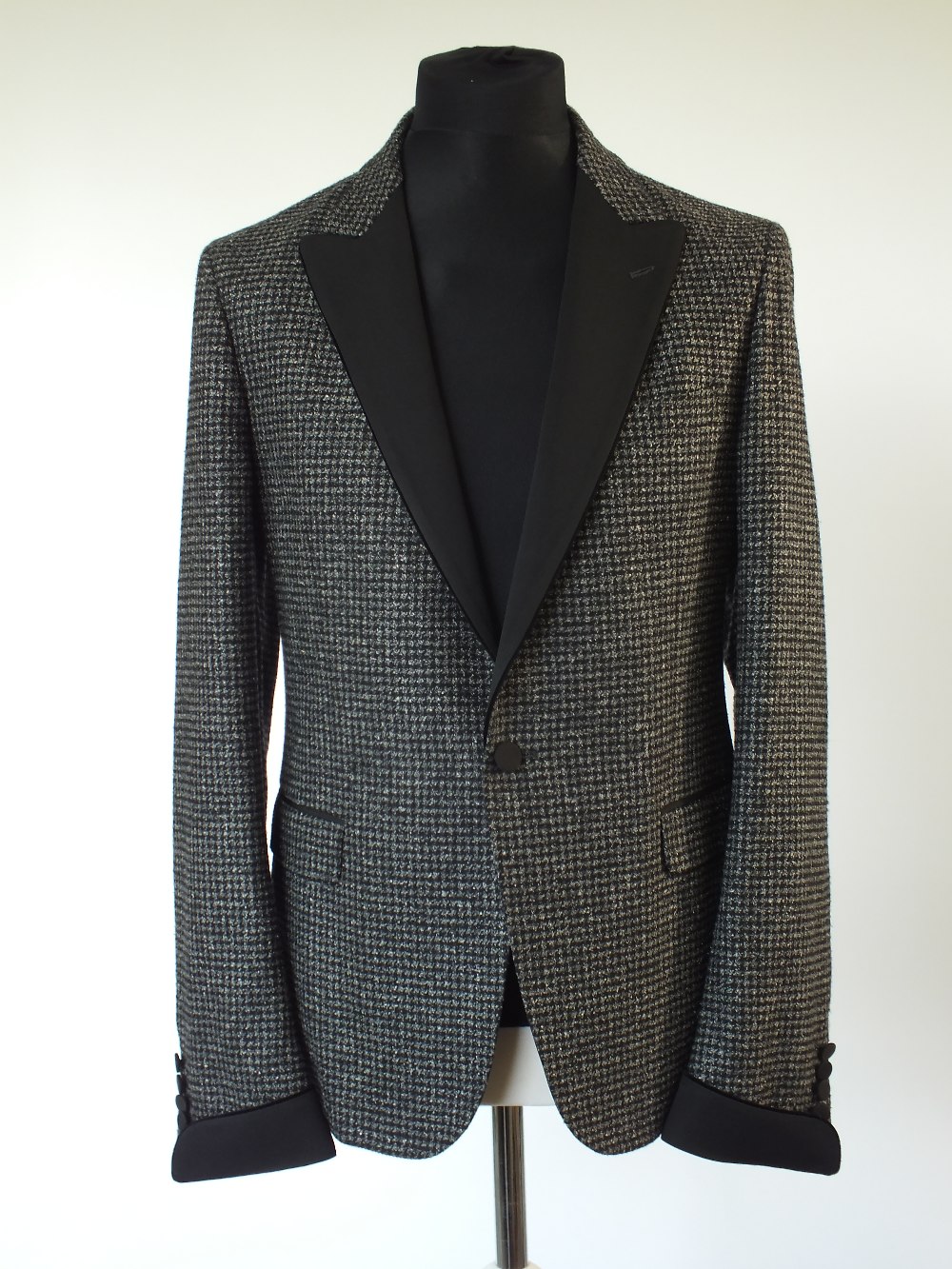 A Gucci dinner suit, dark grey dog tooth check, silk twill detailing to lapel and jacket, single