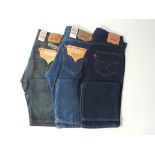 Three Levi 501 jeans, dark wash, two brand new, 34/34