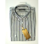 A Gucci shirt, navy and white stripe, with tags, 16'' collar