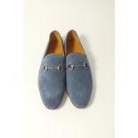 A pair of Gucci slippers, loafers, blue suede with burnished silver horse bit detailing, UK 8