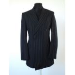 A Crombie suit, navy pinstripe, double vent, contrast lined in red, UK size 40L, 99% wool, 1%