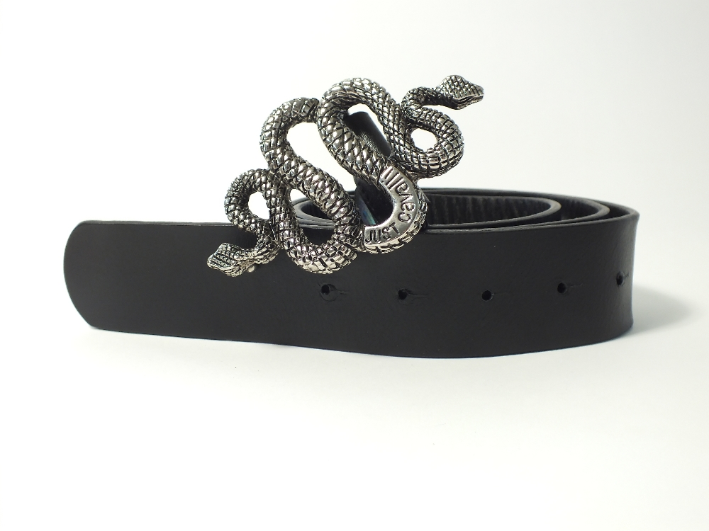 A Just Cavalli black leather belt with embossed Just Cavalli detail with an ornate silver snake