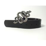 A Just Cavalli black leather belt with embossed Just Cavalli detail with an ornate silver snake