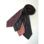 Four ties to include blue and maroon dot and black and maroon swirl pattern, two black, one black