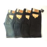 Four Levi 501 jeans, two blue, two black, all with tags, 34/34