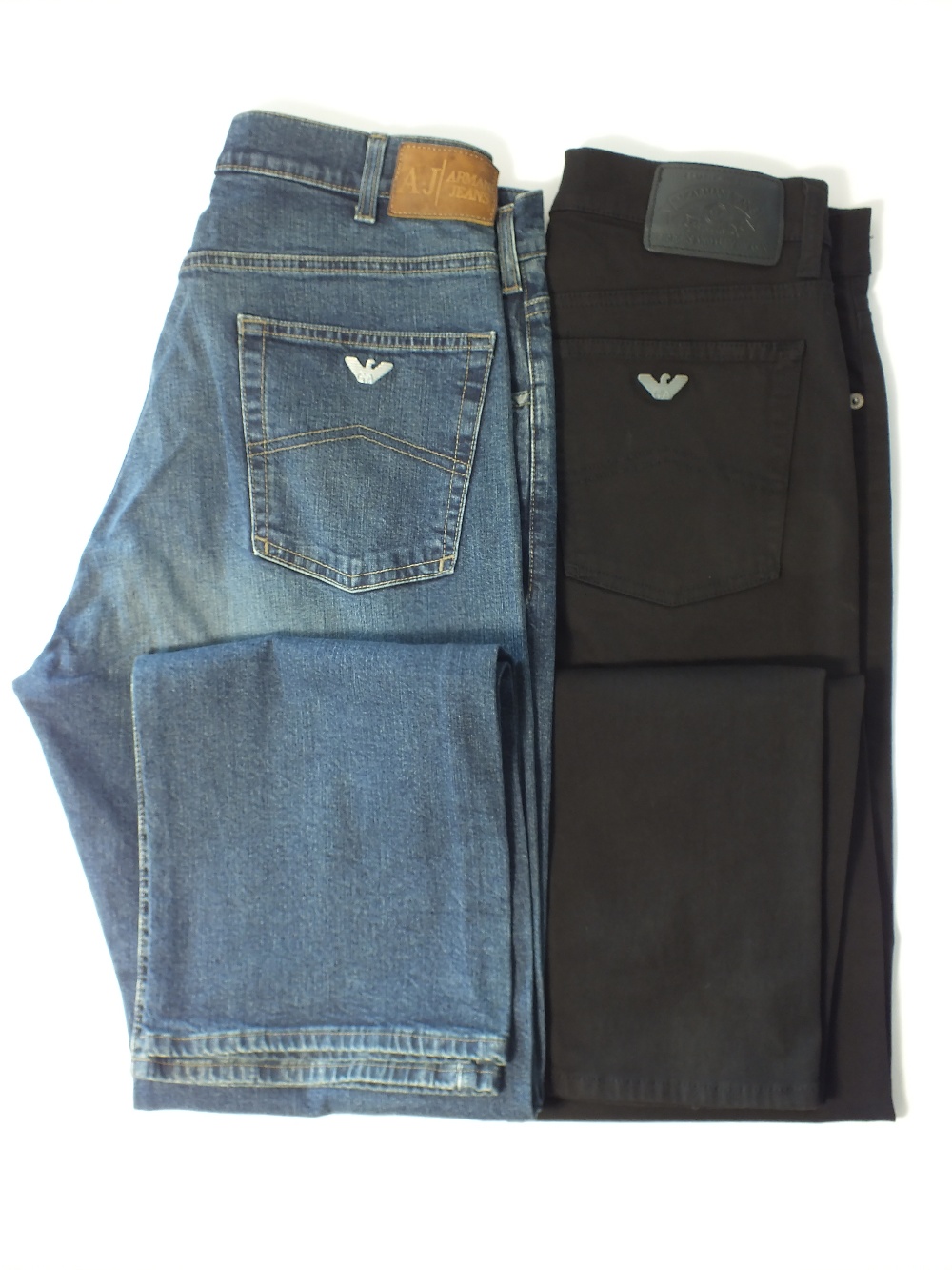 Two pairs of jeans, one blue, one black, Armani, one size 32, one size 34