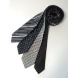 Four ties to include black and white dot button pattern, skinny black woven, diagonal stripe,