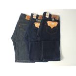 Three Levi 501 jeans, blue, two with tags, 34/34