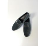 A pair of Gucci slippers, grey velvet, horse bit in silver, size UK 8.5