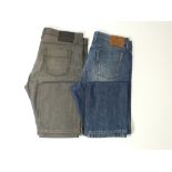 Two pairs of Gucci jeans, one black/grey, one blue, Italian size 52