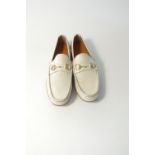 A pair of Gucci loafers, cream, brass distressed gold horse bit detail, UK 8.5, unworn but made to