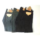 Four Levi 501 jeans, two blue, two black, two with tags, 34/34