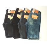 Four pairs of Levi 501 jeans, three black, one blue, all with tags, 34/34