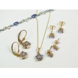 A 9ct white gold tanzanite and diamond bracelet together with two pairs of tanzanite stud earrings