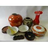 Three trays of modern Chinese and Japanese ceramics along with various stands and serving plates