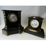 Three Edwardian mantel clocks, the first painted wood simulated slate and marble,