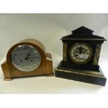 A French slate mantel clock with open escapement together with an oak cased mantel clock