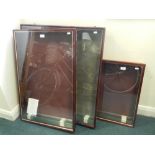 Three display cases with glass shelves,