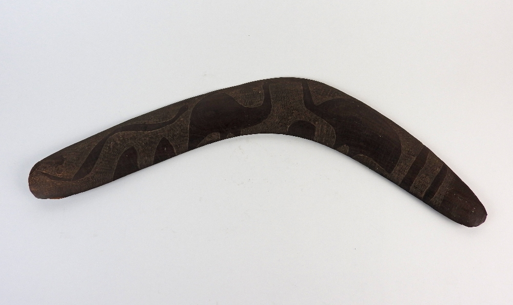 An Australian carved hard wood boomerang the decoration to one side only depicting two emus and a - Image 6 of 10