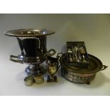 Silver plated wares to include a swing handled dish, a twin handled campana vase, a tall cream jug,