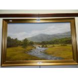 British School, 20th century, mountain river, indistinctly signed, oil on board.