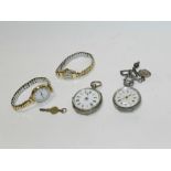 A silver open faced fob watch together with a further open faced fob watch,