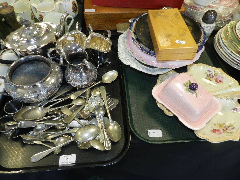 Plated and white metal wares including a teapot, cream jug, twin handled dish, sauce boat,