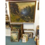 A large collection of pictures to include an oil on canvas river landscape signed Claude Markham,