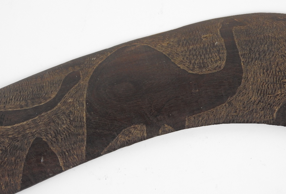 An Australian carved hard wood boomerang the decoration to one side only depicting two emus and a - Image 5 of 10