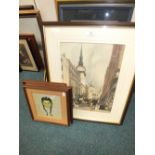 A quantity of 20th Century life drawings, framed photographs and prints and brass bed pan.