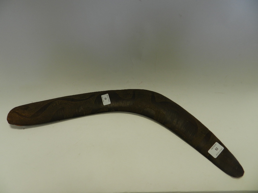 An Australian carved hard wood boomerang the decoration to one side only depicting two emus and a - Image 10 of 10