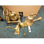 A box of assorted 20th century brass ware including door handles etc.