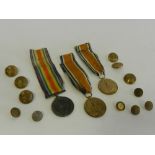 Two World War One Victory medals together with a War medal and a collection of gilt metal buttons