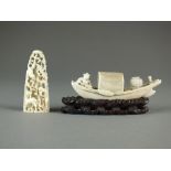 Two Chinese ivory carvings, 19th Century, the first of a river boat with carved hardwood base,