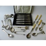 A cased set of six silver handled side knives together with a collection of silver plated flat ware