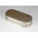 A continental silver snuff box, of oval form with bright cut engraved decoration, 7.