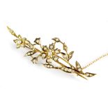 A seed pearl set floral spray brooch, the yellow metal reverse stamped '9ct', 63mm long, weight 4.