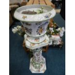 A capodimonte Italian earthenware jardiniere and stand printed with scattered stylised flowers