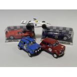 Five slot racing cars to include two Mini Clubman rally cars, a boxed Martini Brabham (C120),