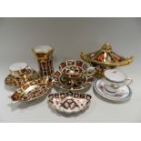 Royal Crown Derby Imari wares to include a sauce tureen and cover, a hexagonal vase, various dishes,