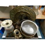 A collection of various metal wares including: embossed brass dish, a large decorated brass hooker,